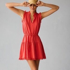 Anthropologie Sundays Tara Coral Pink V Neck Dress XS MSRP $160 Cinch Waist